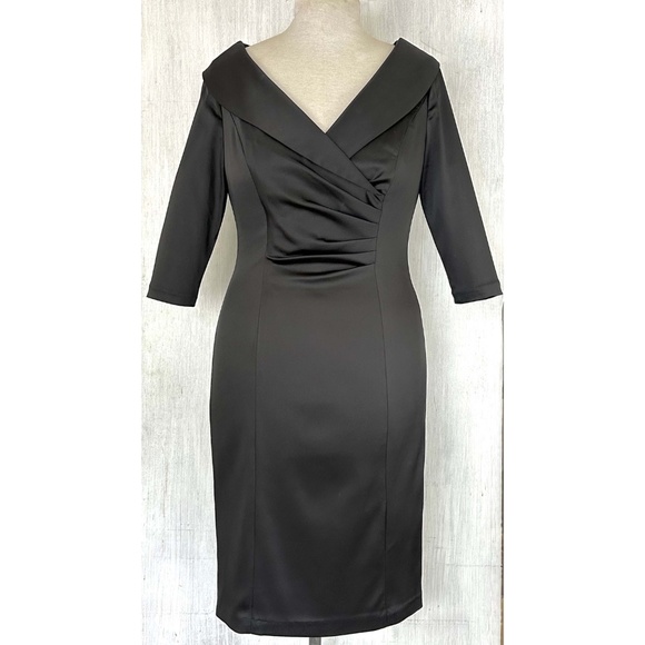 Kay Unger SZ 10 Black Satin Portrait Shawl Collar Half Sleeve Cocktail Dress EUC - Picture 2 of 9